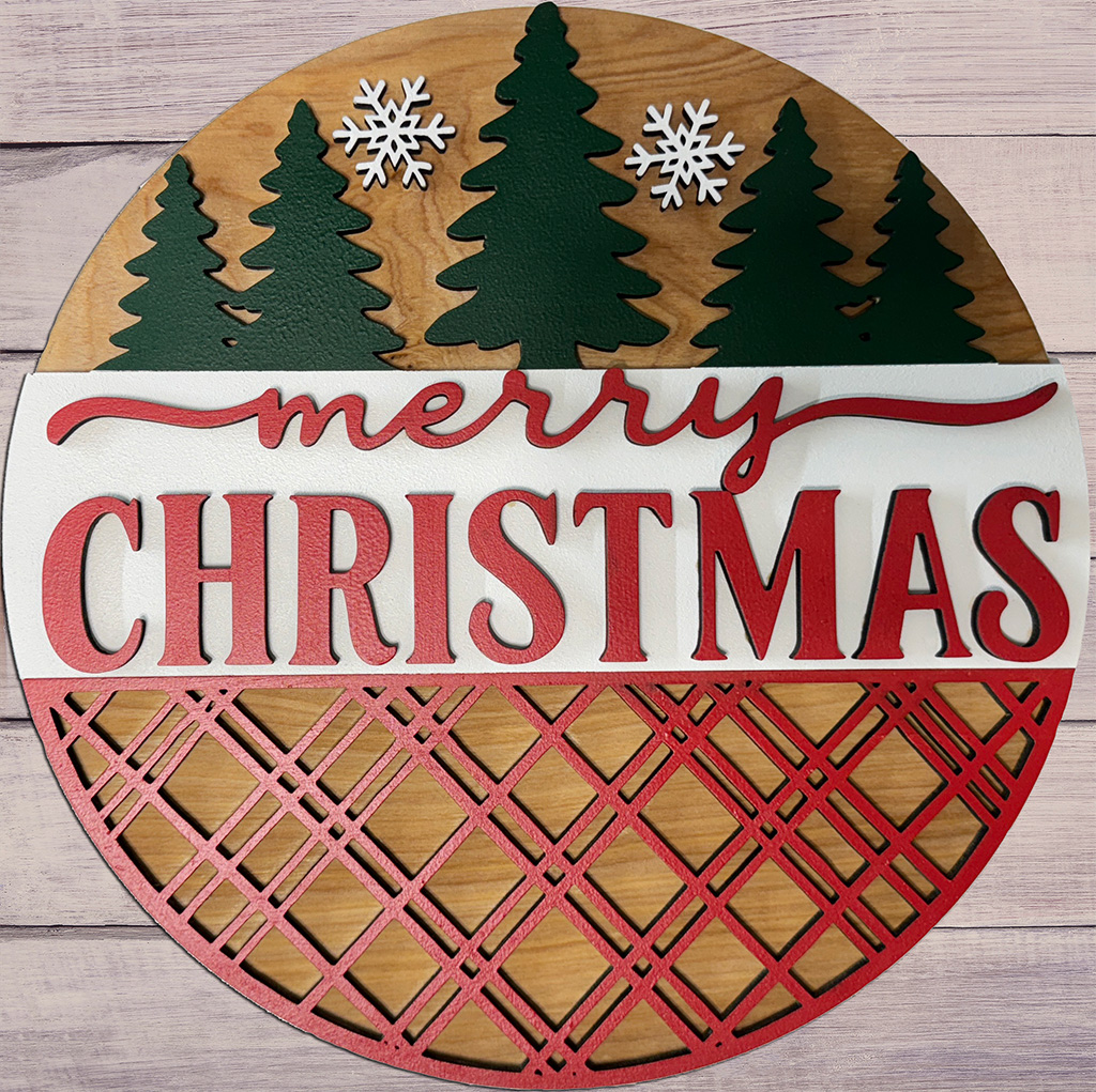 Merry Christmas Sign with Trees and Snowflakes